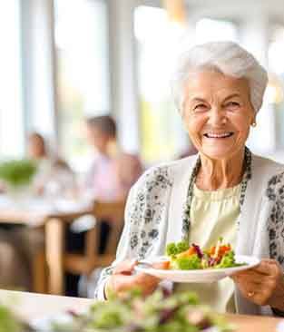 Smiling older woman holding a plate of salad