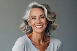 Thriving gray-haired woman with attractive teeth